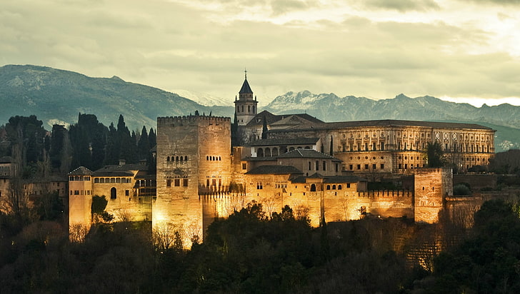 bangunan beton kelabu, Spanyol, Alhambra, benteng, Granada, Wallpaper HD