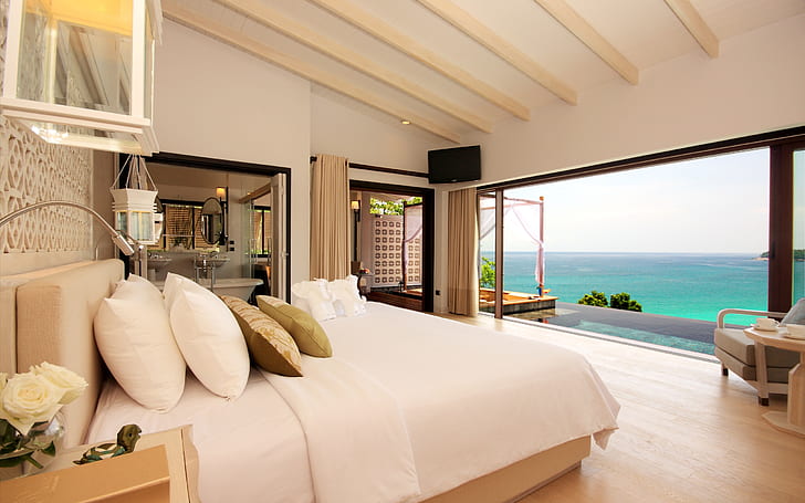 Camera d'albergo di lusso, set di mobili per camera da letto, mare, paesaggio, acqua, letto, divano, finestra, Sfondo HD
