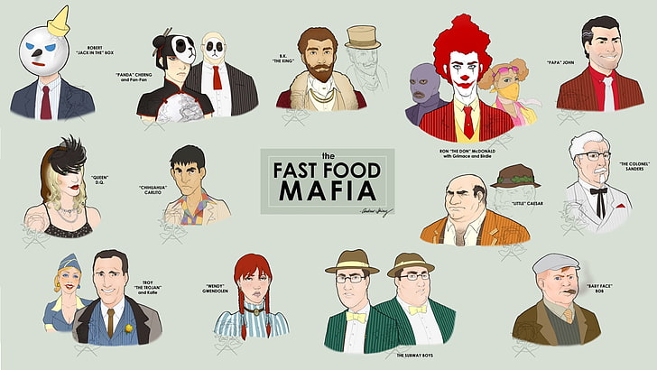 Wallpaper Fast Food Mafia, Ronald McDonald, Mafia, karya seni, makanan cepat saji, McDonald's, KFC, sushi, makanan, humor, infografis, kolase, Wallpaper HD