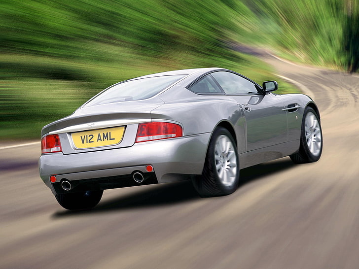 silver coupe, aston martin, v12, vanquish, 2001, silver, rear view, cars, speed, HD wallpaper
