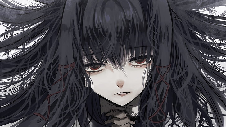 animowana dziewczyna, gotyk, zbliżenie, przygnębiona, czarne włosy, Anime, Tapety HD