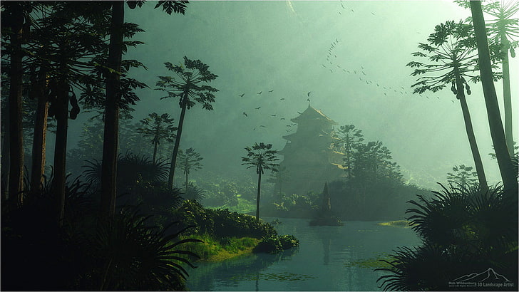 Torre de la pagoda junto al cuerpo de pintura de agua, arte de fantasía, Fondo de pantalla HD