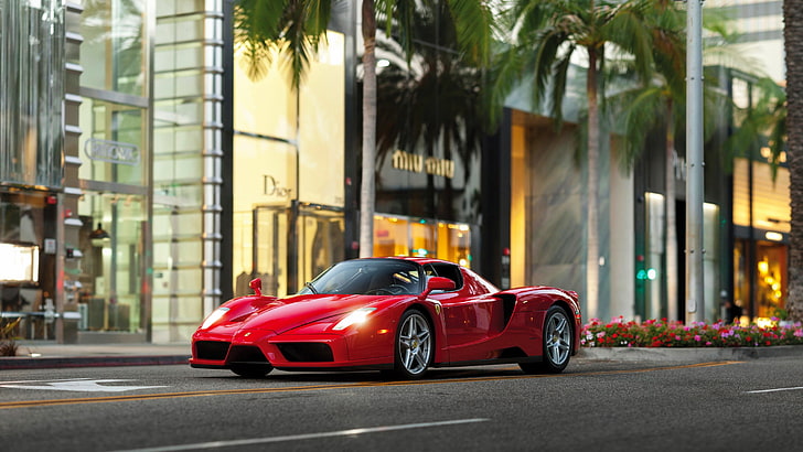 hatchback vermelho de 5 portas, carro, rua, Ferrari, palmeiras, Ferrari Enzo, HD papel de parede