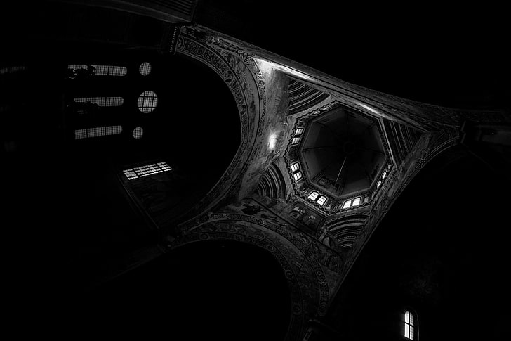 architecture, black and white, building, ceiling, church, curve, dark, design, glass, indoors, ray of light, reflection, windows, HD wallpaper