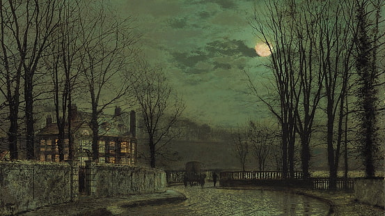 Джон Аткинсон Гримшоу классическое искусство луна ночь живопись картина, HD обои HD wallpaper
