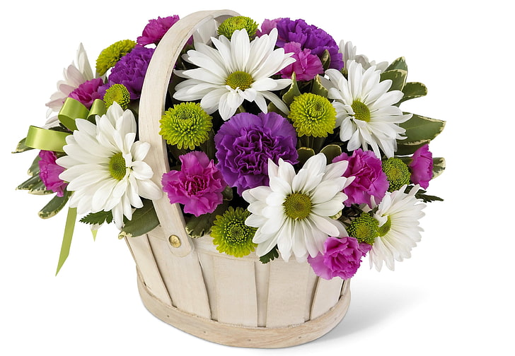 white, purple, and green petaled flowers and gray basket, chrysanthemums, carnations, basket, beautifully, HD wallpaper