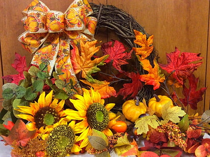 Photography, Still Life, Berry, Fall, Gourd, Sunflower, Wreath, HD wallpaper HD wallpaper