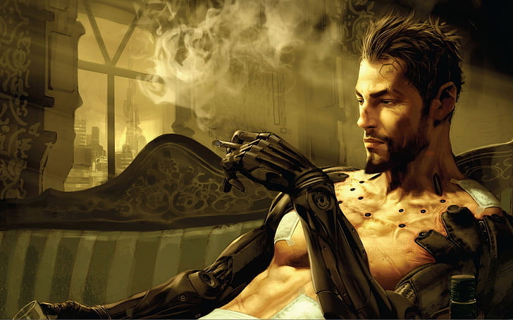 futuristik, Deus Ex: Revolusi Manusia, Deus Ex, cyberpunk, Adam Jensen, video game, fiksi ilmiah, pria, alkohol, bionik, Wallpaper HD
