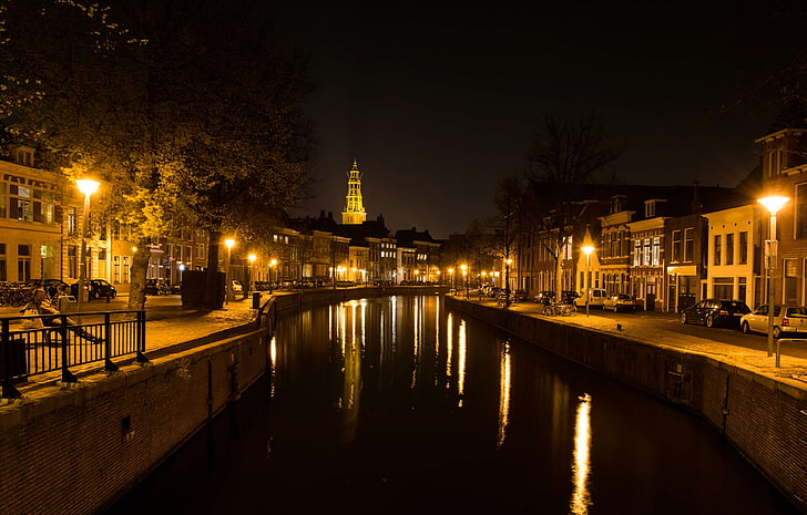 kanal, stad, mörk, kväll, groningen, hoge der a, nederländerna, natt, flod, HD tapet