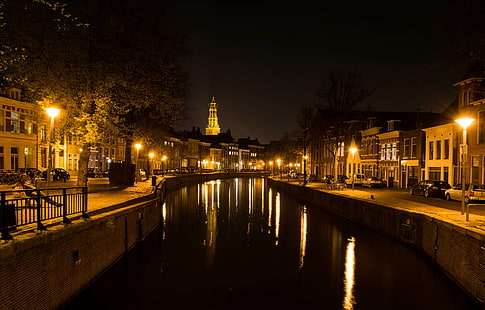 運河、都市、暗い、夕方、フローニンゲン、ホーゲデア、オランダ、夜、川、 HDデスクトップの壁紙 HD wallpaper