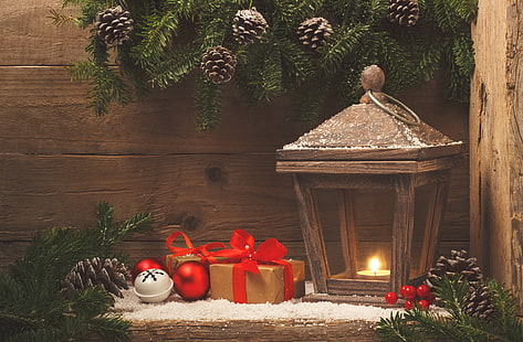  snow, decoration, balls, New Year, Christmas, lantern, gifts, wood, gift, xmas, Merry, fir tree, fir-tree branches, HD wallpaper HD wallpaper