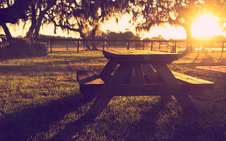 коричневый деревянный стол для пикника, лето, трава, солнце, свет, закат, скамейка, парк, тепло, настроение, забор, вечер, август, сиденье, скамейки, июнь, июль, красивые обои, HD обои