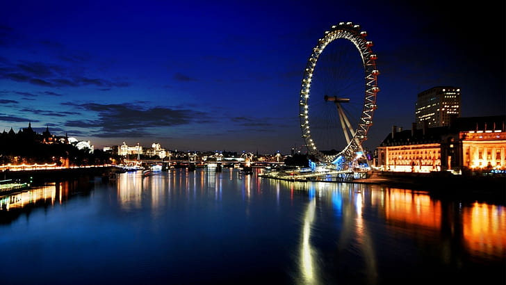 都市の景観、反射、川、ロンドンアイ、テムズ川、英国、ロンドン、水、夜、ライト、 HDデスクトップの壁紙