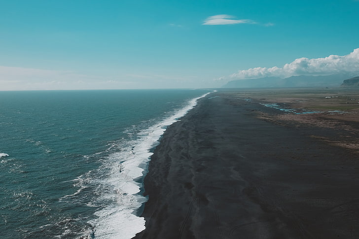 areia marrom, natureza, água, praia, Islândia, areia preta, HD papel de parede