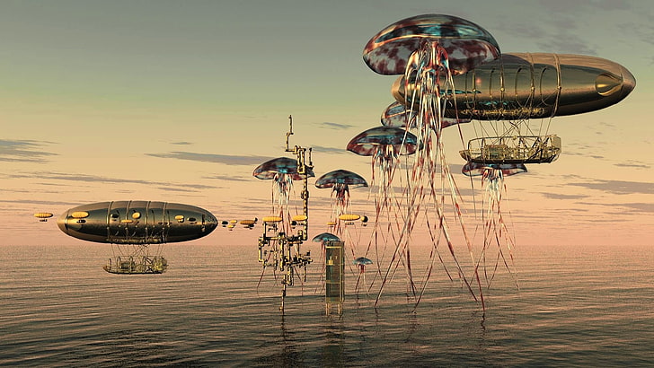 navicella spaziale scena digitale carta da parati, fantasy art, meduse, Sfondo HD