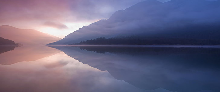 body of water near mountain, landscape, water, reflection, mist, lake, mountains, nature, HD wallpaper