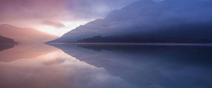 body of water near mountain, landscape, water, reflection, mist, lake, mountains, nature, HD wallpaper HD wallpaper