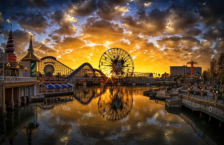 città, fiume, ruota panoramica, riflesso, molo, California, Disneyland, tramonto, parchi a tema, Sfondo HD