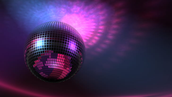 Музикални светлини, диско топка, лилаво, 3D снимки, музика, светлини, дискотека, топка, лилаво, 3D, снимки, HD тапет