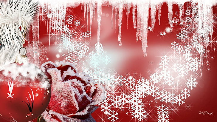 Студено коледно червено, firefox персона, топка, слана, Коледа, цвете, Feliz Navidad, студ, сняг, Коледа, зима, HD тапет