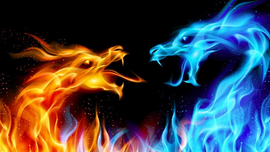fiamma, fuoco, effetti speciali, ghiaccio, illustrazione, grafica, personaggio immaginario, drago di ghiaccio, drago di fuoco, combattimento, drago, Sfondo HD HD wallpaper