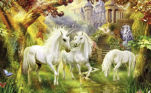 Fantasy enhörningar, tre vita enhörningar nära palatsmålning, konstnärlig, fantasi, enhörningar, HD tapet HD wallpaper