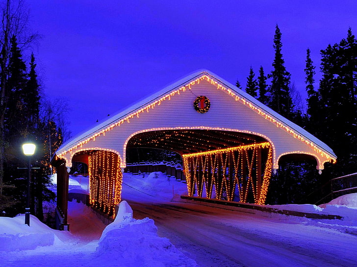 白い木製キャノピーフレーム、冬、道路、森林、雪、橋、自然、ライト、公園、休日、ランタン、装飾、新年あけましておめでとうございます、メリークリスマス、クリスマス、 HDデスクトップの壁紙