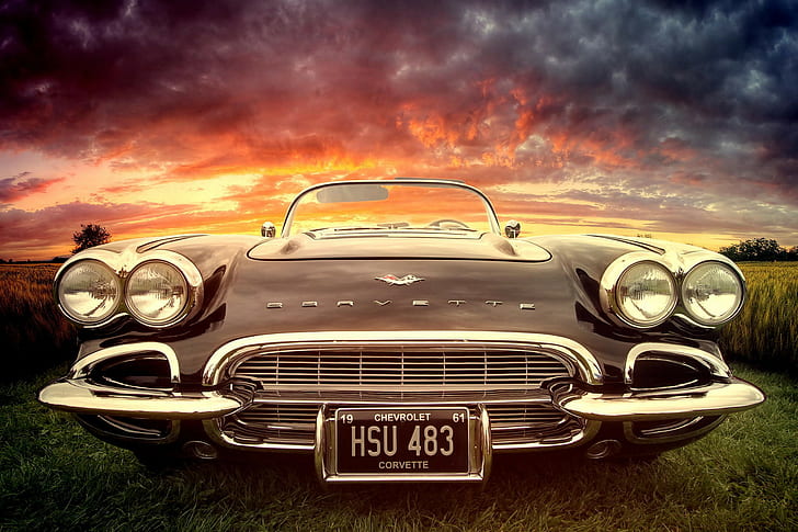 Chevrolet Classic chrome, voiture, chrevrolet, chrome, Classic, Corvette, un coucher de soleil, une voiture, une rareté, Fond d'écran HD