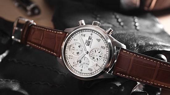 IWC watch, white, brown, white round face chronograph watch with brown leather strap, IWC, Watch, White, Brown, HD wallpaper HD wallpaper