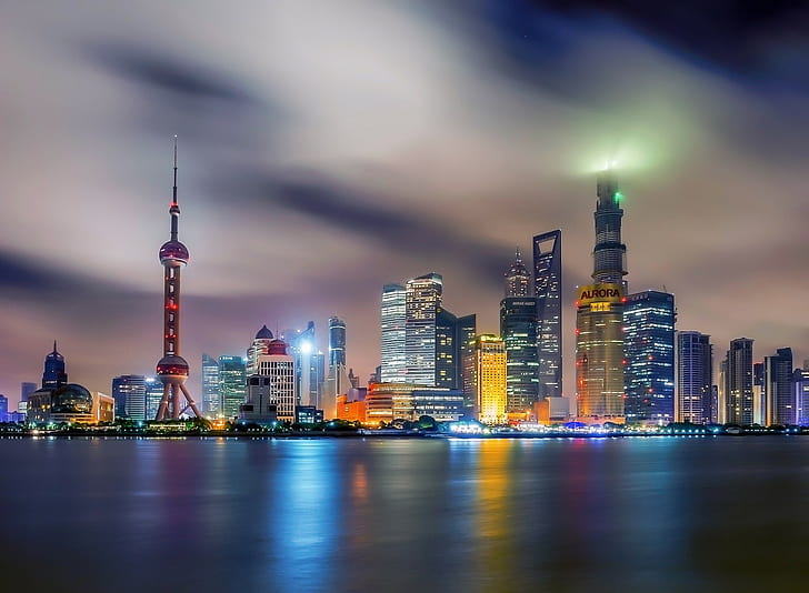 Ciudad de Shangai, China, China, la ciudad de Shanghai, Noche, hogar, luces, agua, Fondo de pantalla HD