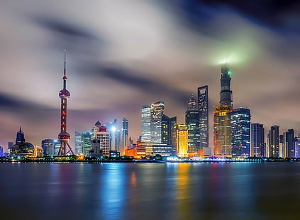 Шанхай, Китай, Китай, город Шанхай, ночь, дома, огни, вода, HD обои HD wallpaper