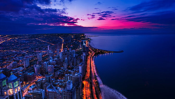 صورة المدينة أثناء الليل ، المدينة ، الليل ، البحر ، الأضواء ، شيكاغو، خلفية HD