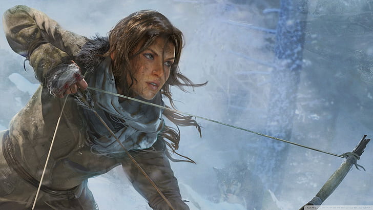 Tomb Raider Lara Croft Bow Arrow Winter Brunette HD, woman wearing grey winter jacket with bow 3d game application, video games, winter, brunette, bow, tomb, raider, arrow, croft, lara, HD wallpaper