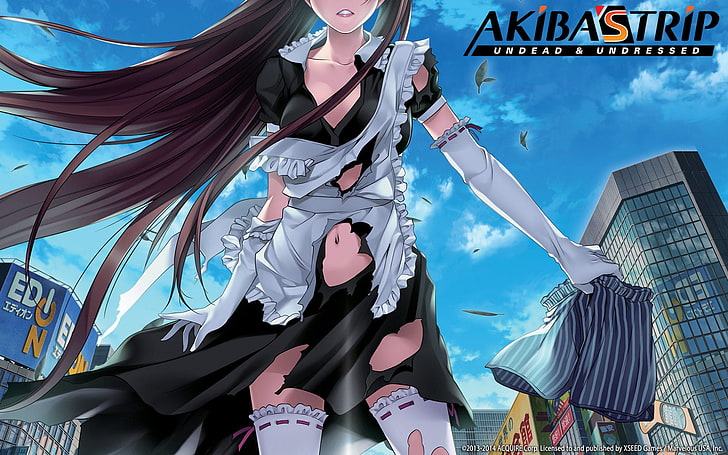 женский персонаж аниме с каштановыми волосами, Акиба Трип, видеоигры, рваная одежда, бедра, HD обои