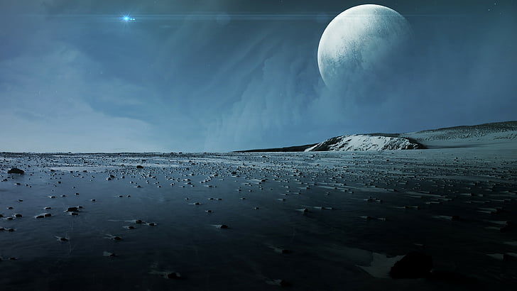 planeta, cielo, luna, hielo, superficie, planeta alienígena, paisaje de fantasía, paisaje, horizonte, Fondo de pantalla HD