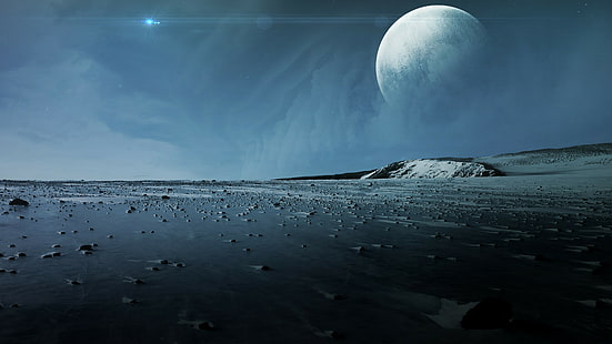 планета, небо, луна, лед, поверхность, чужая планета, фантастический пейзаж, пейзаж, горизонт, HD обои HD wallpaper