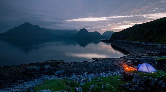 puesta de sol, montañas, camping, naturaleza, fuego, fogata, Elgol, rocas, Escocia, mar, carpa, Fondo de pantalla HD HD wallpaper