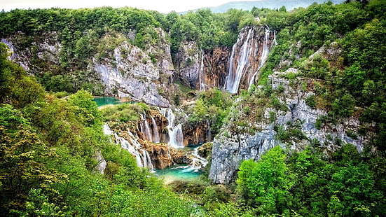 スクラブ、クロアチア、滝、プリトヴィチェ湖群国立公園、国立公園、自然保護区、プリトヴィチェ、湖、水、ヨーロッパ、山、森林、滝、湖、観光名所、 HDデスクトップの壁紙 HD wallpaper