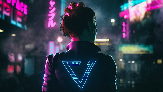 neon, cyberpunk, fiksi ilmiah, karya seni, seni digital, wanita, kembali, Jepang, Tokyo, Wallpaper HD HD wallpaper