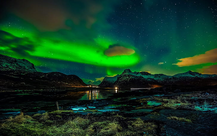 Лофотенски острови, Норвегия, полярна нощ, полярни сияния, пейзаж, ретуш, HD тапет
