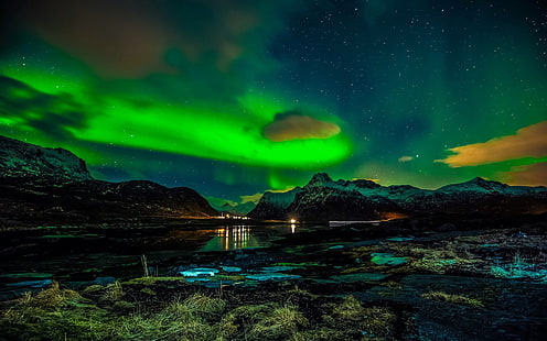 Лофотенские острова, Норвегия, полярная ночь, полярные сияния, пейзаж, ретушь, HD обои HD wallpaper
