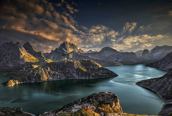 landskap, natur, berg, fjord, solnedgång, moln, ö, himmel, solljus, Lofoten, Norge, HD tapet