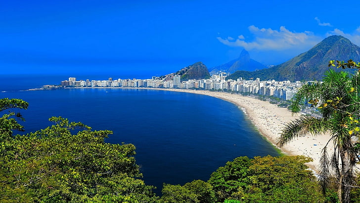 mountain, brazil, rio de janeiro, copacabana beach, tourism, copacabana, inlet, water, cityscape, nature, cape, bay, promontory, mount scenery, sea, sky, coast, HD wallpaper
