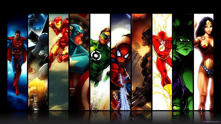 DC super heroes illustration, untitled, Marvel Comics, DC Comics, Batman, Iron Man, Spider-Man, Green Lantern, Captain America, Wolverine, The Flash, Hulk, Wonder Woman, Marvel Super Heroes, collage, HD wallpaper