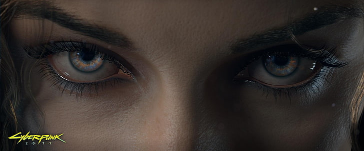 schwarzer Lidschatten, Augen, Blick, Mädchen, Cyborg, Cyberpunk, Cyberpunk 2077, HD-Hintergrundbild