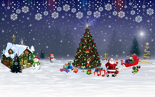 Noël ~ En route ~, bonhomme de neige, arbres, cadeaux, flocons de neige, Noël, père Noël, elfes, neige, Fond d'écran HD HD wallpaper
