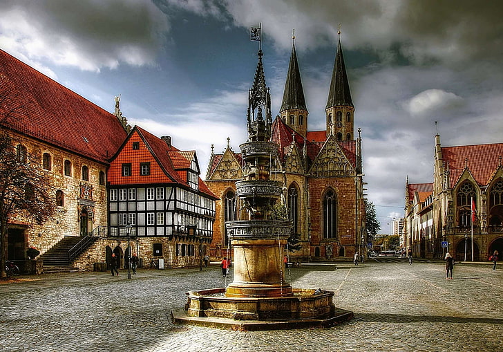 ancient, architecture, braunschweig, buildings, cathedral, church, city, dark clouds, famous, fountain, gothic, historic, historical, historically, landmark, outdoors, religion, sky, tourism, tower, town, travel, HD wallpaper