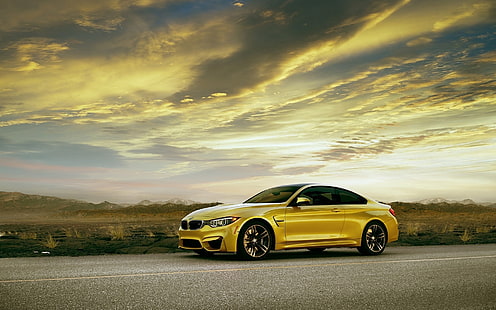 BMW M4 Coupe F82 yellow car side view, BMW, Yellow, Car, Side, View, HD wallpaper HD wallpaper