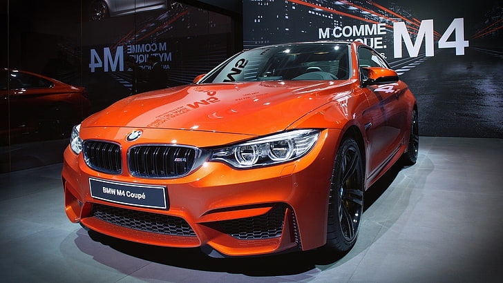 pomarańczowy samochód BMW z nakładką tekstową, BMW, BMW M4, samochód, Tapety HD