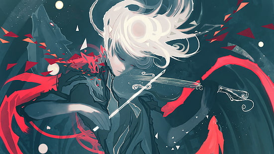 white-haired anime character playing violin illustration, violin, stars, abstract, women, wolf, night, Nano Mortis, HD wallpaper HD wallpaper
